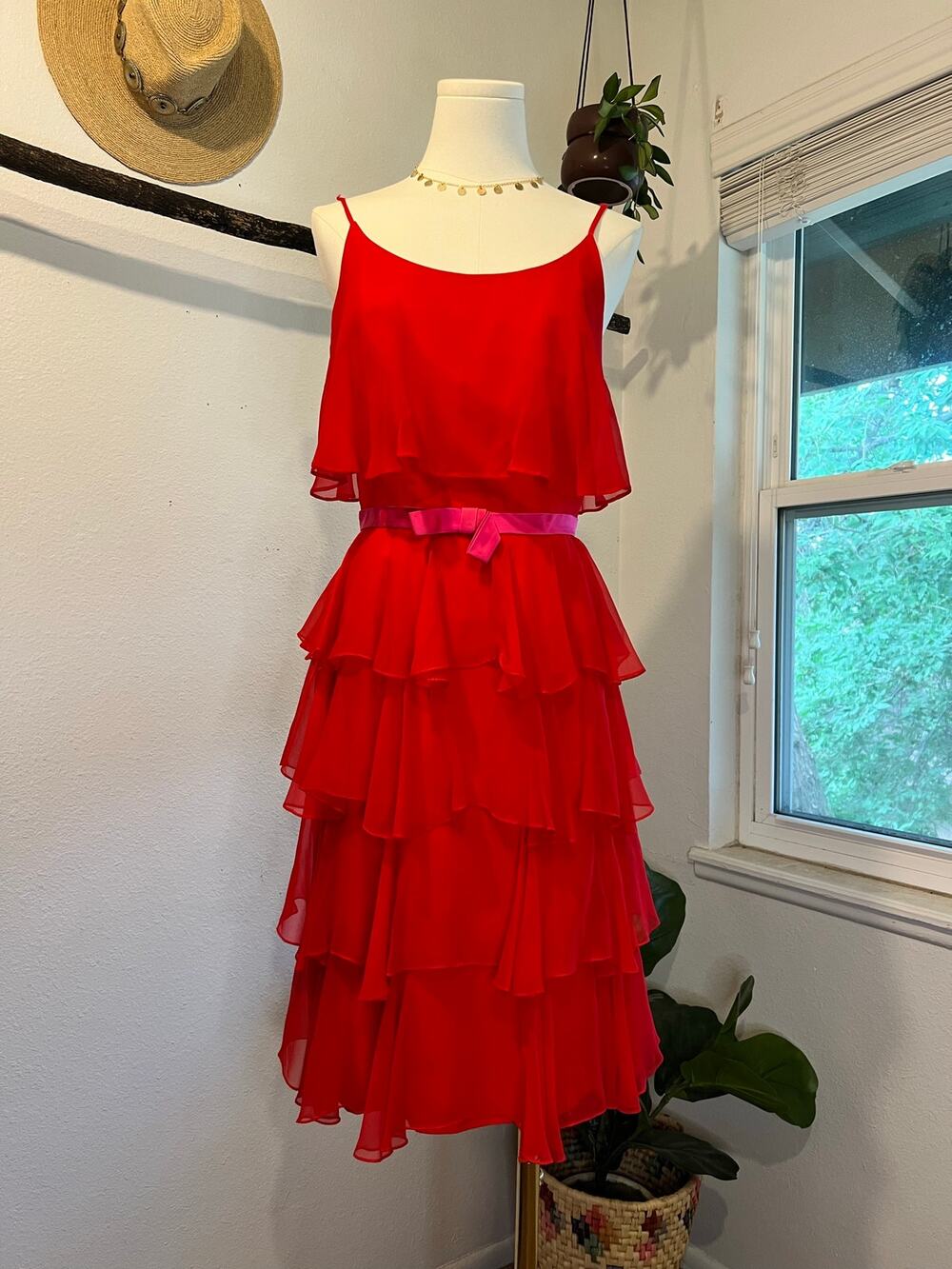 JR Theme NY 1960s Red Tiered Layered Pink Bow Belted Cocktail Dress Size XS